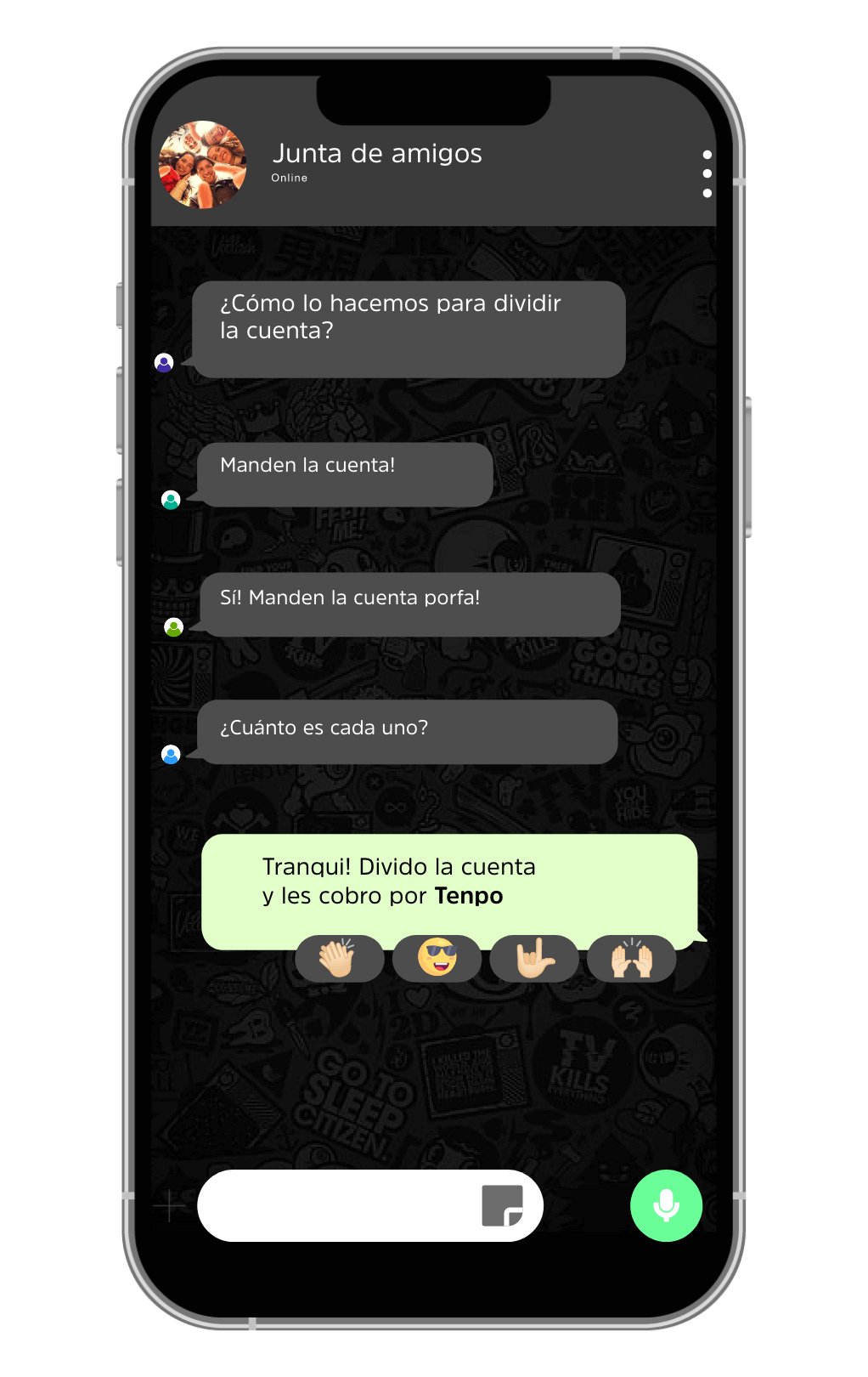 diálogo whatsapp entre amigos para dividir cuenta con Tenpo